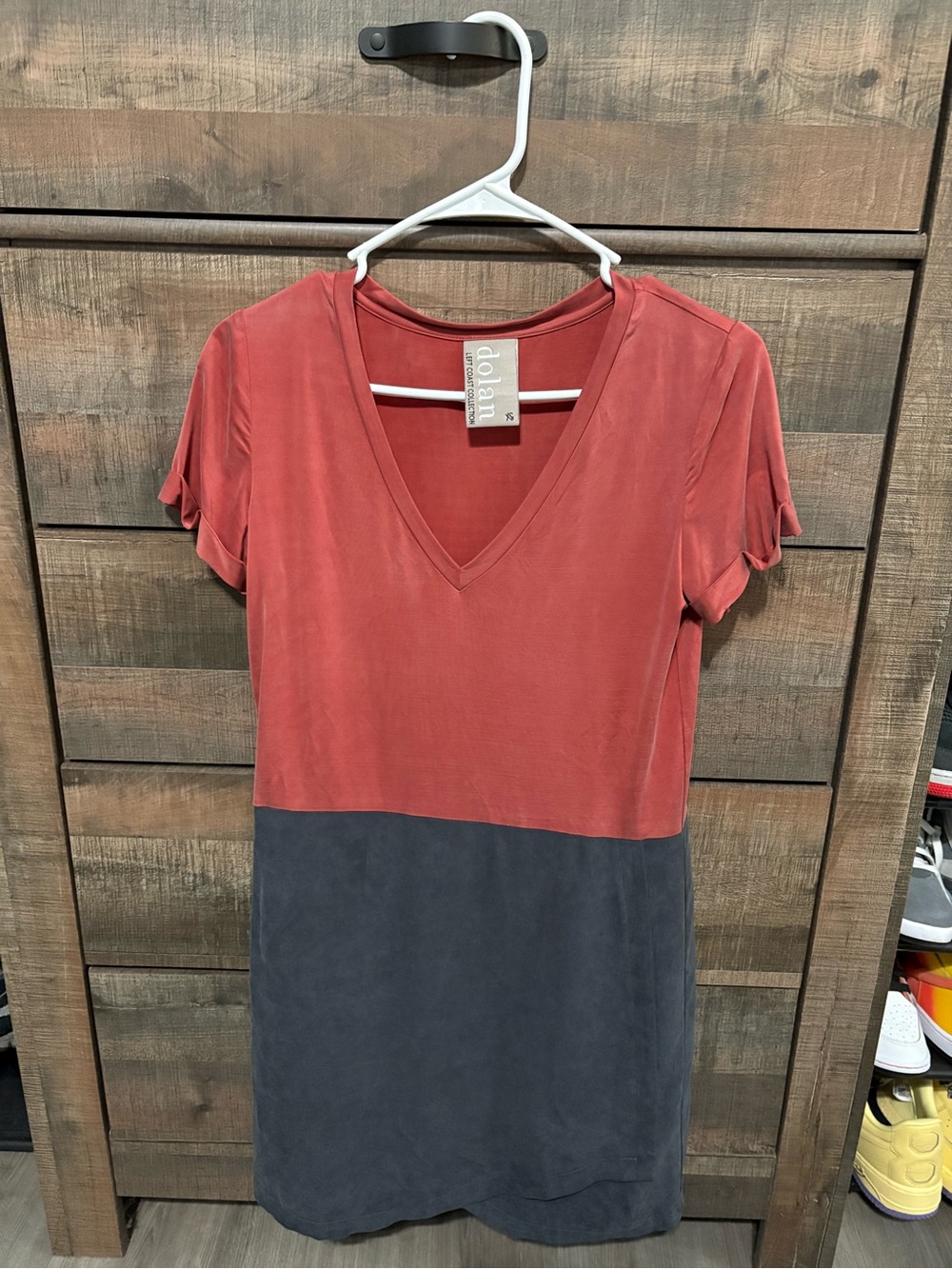 Dolan Two-Tone Rust and Charcoal V-Neck Short Sleeve Dress